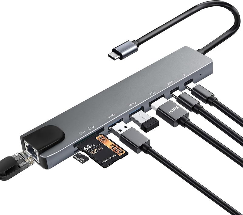 Luonanava محول متعدد المنافذ USB C، 8 في 1 USBC Dongle مع 4K HDMI، RJ45 Ethernet، شحن PD 100W، USB 3.0، قارئ بطاقات SD/TF، محطة إرساء USB-C لجهاز MacBook Pro/Air، Dell، HP وأجهزة Type C الأخرى - Image 1